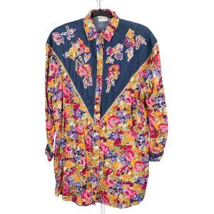 Jane Ashley VTG Floral Denim Western Shirt S 80s 90s Sequin Long Sleeve Buttons